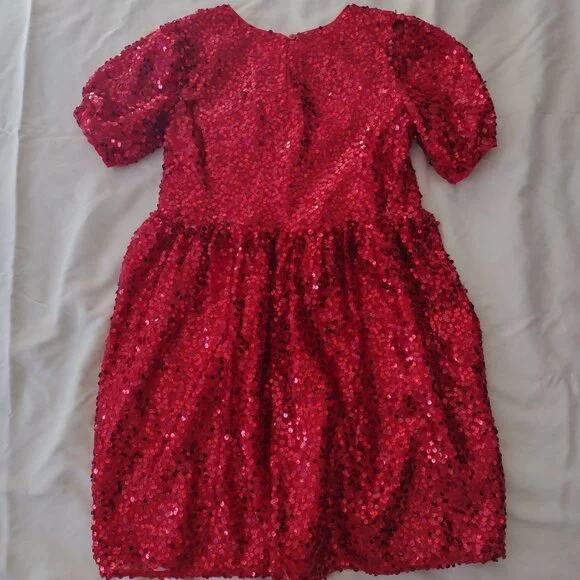 Cat & Jack Girls Red Sequin Dress XL 14 Puff Sleeve Fit n Flare - Picture 7 of 11